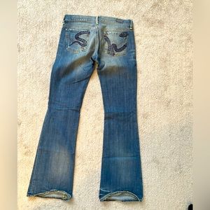 Citizens of humanity embroidered snake pocket jeans, flared bottom, size 29